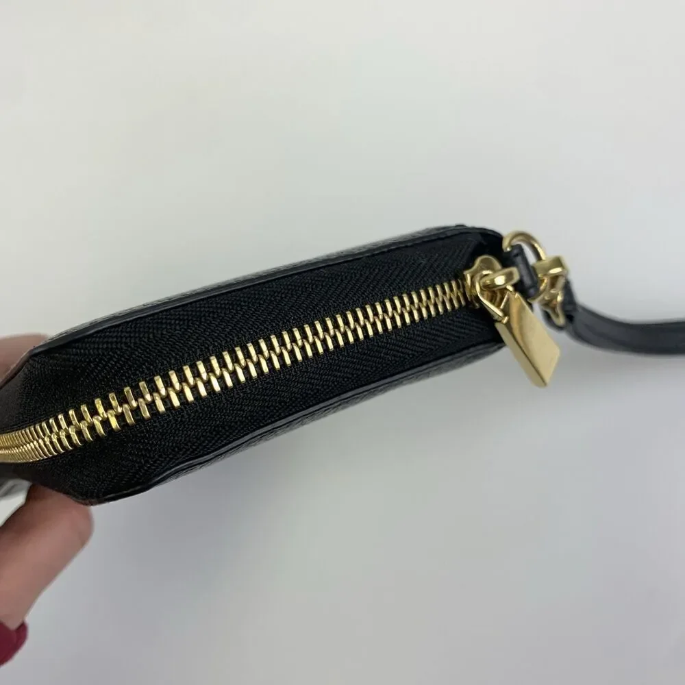 Michael Kors Leather Continental Wristlet Mercer Black Pebbled Wallet Zip Around